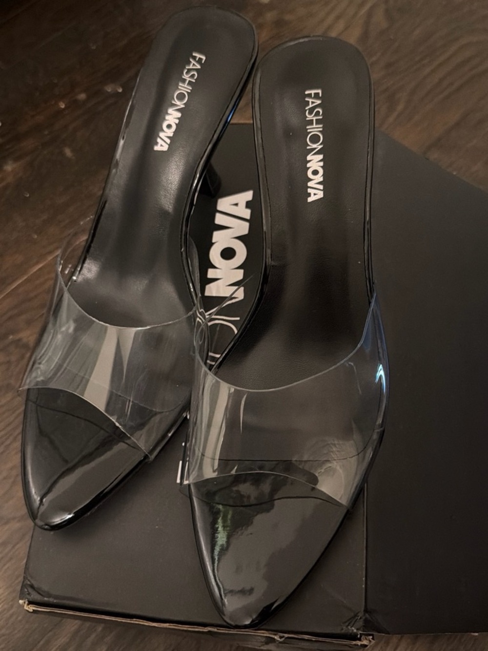 Fashion Nova Black Pointed Mule with Clear Strap